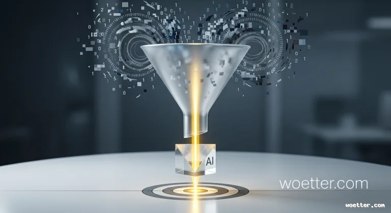 A translucent, silver funnel receives a swirling stream of binary code and digital fragments. A golden beam of light travels through the funnel and down through a clear crystal cube, which displays an envelope icon and the acronym "AI," before hitting the exact center of a target on the surface below. The background is dark and blurred, creating an abstract, technological atmosphere focused on data processing, artificial intelligence, and directional precision.