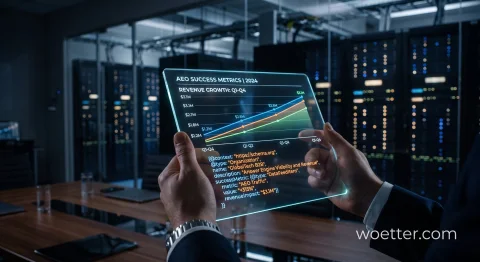 Mãos em um terno escuro seguram um painel holográfico transparente e iluminado. A tela exibe um gráfico de linhas ascendentes intitulado "AEO SUCCESS METRICS | 2024", ilustrando crescimento de receita, juntamente com um bloco de código de dados estruturados focado em SEO. Ao fundo, de forma desfocada, há uma sala de servidores moderna e escura com luzes de LED azuis e laranjas e uma mesa de reunião, criando uma atmosfera tecnológica corporativa e futurista.