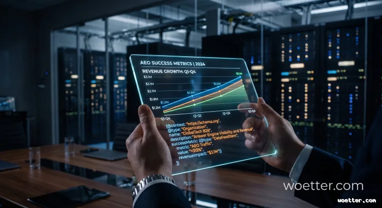 Hands in a dark suit hold a glowing, transparent holographic panel. The screen displays an upward-trending line graph titled "AEO SUCCESS METRICS | 2024" illustrating revenue growth, along with a block of SEO-focused structured data code. In the blurred background, there is a modern, dark server room with blue and orange LED lights and a meeting table, creating a futuristic, corporate technology atmosphere.