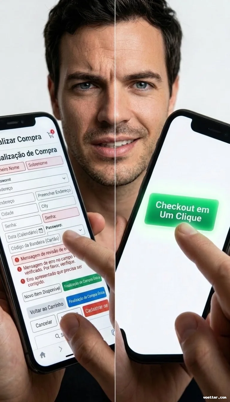 Imagem dividida verticalmente contrastando duas experiências de usuário em smartphones, com um homem demonstrando reações opostas. Na metade esquerda, o homem exibe uma expressão de frustração e confusão ao olhar para a tela do celular, que mostra um formulário de "Finalizar Compra" complexo, desorganizado e cheio de campos e mensagens de erro em vermelho. Na metade direita, o mesmo homem sorri aliviado e feliz ao interagir com uma tela branca e minimalista, contendo apenas um grande botão verde brilhante no centro com o texto "Checkout em Um Clique". O fundo da imagem é claro e neutro, enfatizando o alívio de passar de um processo longo para uma solução rápida e sem atrito.