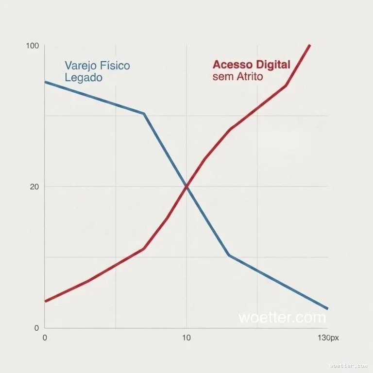 Gráfico de linhas ilustrando duas tendências opostas que se cruzam. O eixo vertical apresenta os valores 0, 20 e 100, enquanto o eixo horizontal marca 0, 10 e 130px. Uma linha azul, rotulada como "Varejo Físico Legado", começa em um ponto alto abaixo de 100 e apresenta uma tendência de queda constante até próximo a 0. Uma linha vermelha, rotulada como "Acesso Digital sem Atrito", começa próxima a 0 e sobe continuamente até o ponto mais alto. As duas linhas se interceptam no cruzamento das marcações 10 (horizontal) e 20 (vertical). O fundo é claro com uma grade sutil.