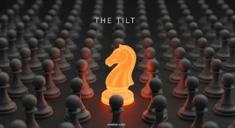 An illuminated, glowing orange chess knight stands out in the center of a vast grid of uniform, dark matte grey chess pawns on a dark surface. The words 'THE TILT' are written in white capital letters at the top center of the image.
