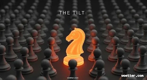 An illuminated, glowing orange chess knight stands out in the center of a vast grid of uniform, dark matte grey chess pawns on a dark surface. The words 'THE TILT' are written in white capital letters at the top center of the image.