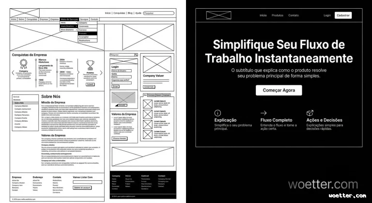 Imagem dividida comparando layouts de web design. À esquerda, um wireframe esquemático de baixa fidelidade em preto e branco de uma página corporativa em português, detalhando menus de navegação, seção de 'Conquistas da Empresa' com ícones, textos de 'Sobre Nós', formulários de login e caixas com 'X' indicando espaços para imagens. À direita, o design de alta fidelidade de uma seção principal (hero) em modo escuro. O layout minimalista exibe fundo preto com o grande título centralizado em branco 'Simplifique Seu Fluxo de Trabalho Instantaneamente', um subtítulo, um botão de ação 'Começar Agora' e três pequenos blocos explicativos com ícones na parte inferior.