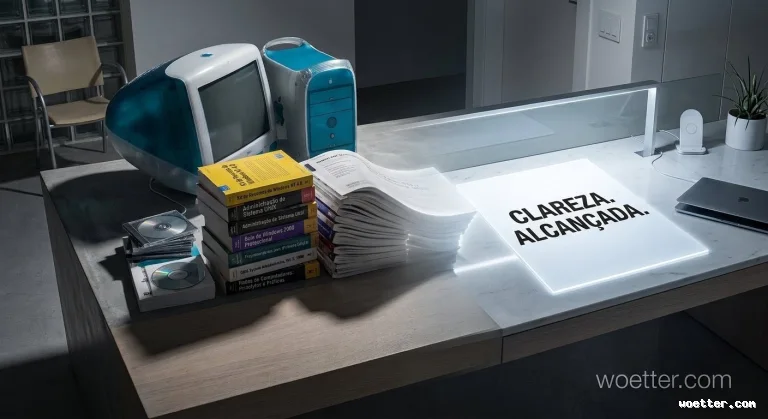 Uma fotografia de uma mesa de escritório moderna que combina hardware Apple vintage e moderno. No lado esquerdo, estão um iMac G3 azul bondi clássico e uma torre PowerMac G3 azul combinando. À frente deles, há uma pilha alta de manuais de usuário de software impressos e vários CDs em estojos de acrílico. No centro da mesa, um painel quadrado luminoso e embutido com uma borda branca brilhante exibe o texto em português "CLAREZA. ALCANÇADA." em letras maiúsculas pretas em negrito. No lado direito, há uma luminária de mesa LED moderna e fina, uma base de carregamento sem fio e um MacBook cinza espacial fechado sobre uma superfície de mesa de mármore branco. Um pequeno cacto em vaso está no canto direito. O fundo mostra uma parede de blocos de vidro e uma cadeira simples, desfocados.