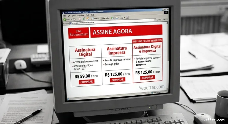 Um monitor CRT bege antigo sobre uma mesa de escritório desorganizada em tons de cinza, contendo papéis, uma caneta, um teclado, um mouse e uma caneca. A tela colorida do monitor contrasta com o ambiente em preto e branco e exibe uma página de navegador antigo com o logotipo da revista "The Economist" e um banner vermelho escrito "ASSINE AGORA". Abaixo, uma tabela apresenta três planos de assinatura: "Assinatura Digital" por R$ 59,00/ano; "Assinatura Impressa" por R$ 125,00/ano; e "Assinatura Digital e Impressa" por R$ 125,00/ano, sendo esta última destacada com uma tarja vermelha indicando "MELHOR CUSTO-BENEFÍCIO". Cada coluna lista os benefícios do plano e possui um botão vermelho escrito "COMPRAR".