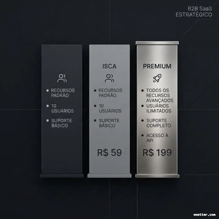 Três painéis retangulares verticais dispostos lado a lado sobre um fundo escuro com linhas de grade sutis, ilustrando planos de preços. No canto superior direito, lê-se "B2B SaaS ESTRATÉGICO". O primeiro painel à esquerda é cinza escuro, com um ícone de perfil de usuário e lista: "RECURSOS PADRÃO", "10 USUÁRIOS" e "SUPORTE BÁSICO", sem exibir preço. O painel central é cinza médio, intitulado "ISCA", com o mesmo ícone de perfil, mesma lista de recursos e o preço "R$ 59" na base. O painel à direita, em destaque com textura de aço escovado e relevo, é intitulado "PREMIUM", possui um ícone de foguete e lista: "TODOS OS RECURSOS AVANÇADOS", "USUÁRIOS ILIMITADOS", "SUPORTE COMPLETO" e "ACESSO À API", com o preço "R$ 199" na base.