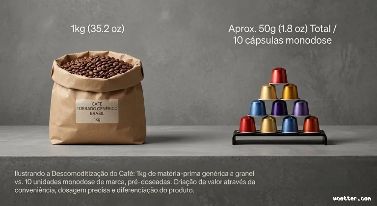 Uma imagem comparativa sobre uma superfície e fundo de concreto cinza. À esquerda, um saco de papel pardo cheio de grãos de café torrados exibe o rótulo "CAFÉ TORRADO GENÉRICO BRASIL 1kg", com o texto "1kg (35.2 oz)" flutuando acima. À direita, 10 cápsulas metálicas de café de cores vibrantes (vermelho, dourado, azul e roxo) estão empilhadas em formato de pirâmide sobre um suporte preto, com o texto "Aprox. 50g (1.8 oz) Total / 10 cápsulas monodose" flutuando acima. Na parte inferior, uma legenda explica o conceito: "Ilustrando a Descomoditização do Café: 1kg de matéria-prima genérica a granel vs. 10 unidades monodose de marca, pré-doseadas. Criação de valor através da conveniência, dosagem precisa e diferenciação do produto."
