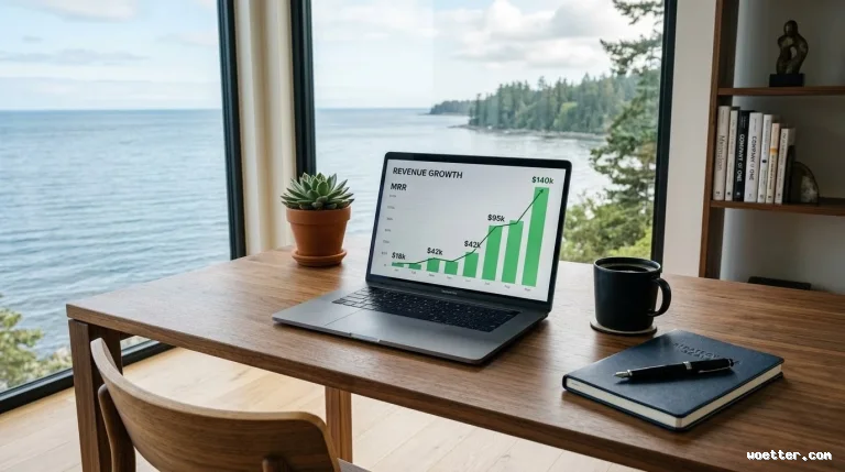 Um notebook prateado aberto sobre uma mesa de madeira exibindo um gráfico de barras e linhas na cor verde que mostra um crescimento de receita contínuo (Revenue Growth). À esquerda do computador há um pequeno vaso de barro com uma planta suculenta, e à direita, uma caneca preta e um caderno escuro fechado com uma caneta apoiada em cima. Ao fundo, grandes janelas de vidro emolduram uma vista panorâmica para um mar calmo e uma costa repleta de árvores sob um céu parcialmente nublado. À extrema direita, nota-se uma estante de madeira com livros e objetos de decoração.
