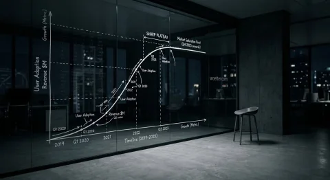 Gráfico de linha branco desenhado em uma grande parede de vidro dentro de um escritório moderno com pouca iluminação. O eixo vertical mede a adoção de usuários e receita em milhões ('User Adoption', 'Revenue $M'), enquanto o eixo horizontal traça uma linha do tempo ('Timeline') de 2019 a 2025. A linha de tendência mostra um crescimento constante de 2019 até atingir um platô acentuado ('Sharp Plateau') e um ponto de saturação de mercado ('Market Saturation Point') no final de 2023. O ambiente possui piso de concreto, um banco minimalista à direita e janelas escuras revelando luzes desfocadas da cidade ao fundo.