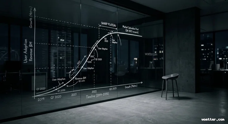 Gráfico de linha branco desenhado em uma grande parede de vidro dentro de um escritório moderno com pouca iluminação. O eixo vertical mede a adoção de usuários e receita em milhões ('User Adoption', 'Revenue $M'), enquanto o eixo horizontal traça uma linha do tempo ('Timeline') de 2019 a 2025. A linha de tendência mostra um crescimento constante de 2019 até atingir um platô acentuado ('Sharp Plateau') e um ponto de saturação de mercado ('Market Saturation Point') no final de 2023. O ambiente possui piso de concreto, um banco minimalista à direita e janelas escuras revelando luzes desfocadas da cidade ao fundo.