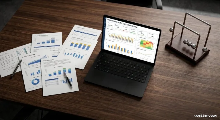 Vista superior de uma mesa de escritório em madeira escura. No centro, um laptop preto aberto exibe uma tela com o título "OPERATIONAL BOTTLENECK DASHBOARD", mostrando gráficos de barras, linhas e um mapa de calor coloridos. À esquerda do computador, há vários relatórios impressos espalhados contendo gráficos de desempenho, tabelas e anotações manuscritas, com duas canetas sobre os papéis. À direita, repousa um pêndulo de Newton metálico clássico. A composição transmite um ambiente corporativo focado em análise de dados.