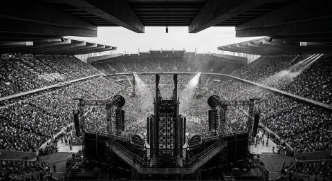 Fotografia em preto e branco de um estádio monumental completamente lotado para um evento ou show. A perspectiva é do alto, posicionada atrás de uma enorme e complexa estrutura metálica de palco no primeiro plano, equipada com torres e passarelas. A vasta multidão preenche todo o campo e os anéis das arquibancadas que cercam a arena, sob um teto parcialmente coberto. Feixes de luz brilhantes de holofotes cortam o ar e a névoa, iluminando o público e criando uma atmosfera épica e imersiva.