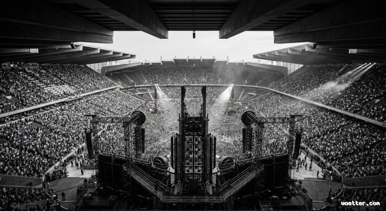 Fotografia em preto e branco de um estádio monumental completamente lotado para um evento ou show. A perspectiva é do alto, posicionada atrás de uma enorme e complexa estrutura metálica de palco no primeiro plano, equipada com torres e passarelas. A vasta multidão preenche todo o campo e os anéis das arquibancadas que cercam a arena, sob um teto parcialmente coberto. Feixes de luz brilhantes de holofotes cortam o ar e a névoa, iluminando o público e criando uma atmosfera épica e imersiva.