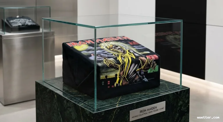 Camiseta preta dobrada exibindo a estampa do álbum "Killers" da banda Iron Maiden, com o mascote Eddie e o logotipo em vermelho, exposta dentro de uma vitrine de vidro transparente. A redoma está apoiada sobre um pedestal de mármore verde escuro, que exibe uma placa prateada com a inscrição "IRON MAIDEN / ARCHIVE COLLECTION - EDDIE 'KILLERS' T-SHIRT". O cenário de fundo é um ambiente bem iluminado e minimalista, similar a uma galeria ou boutique de luxo, com outro expositor metálico visível ao fundo.