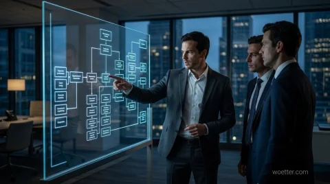 Three businessmen in a modern office at night. The man in the foreground wears a gray suit and points assertively at a large, transparent digital panel displaying a complex, glowing neon blue flowchart. The other two men, dressed in dark suits, stand beside him and attentively observe the indicated spot on the screen. The room is dimly lit, highlighting the technological glow of the display, and large windows in the background reveal a city skyline with illuminated buildings.