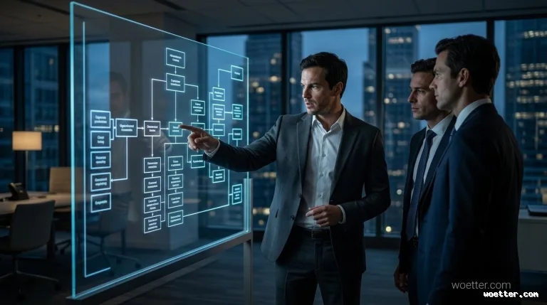 Three businessmen in a modern office at night. The man in the foreground wears a gray suit and points assertively at a large, transparent digital panel displaying a complex, glowing neon blue flowchart. The other two men, dressed in dark suits, stand beside him and attentively observe the indicated spot on the screen. The room is dimly lit, highlighting the technological glow of the display, and large windows in the background reveal a city skyline with illuminated buildings.