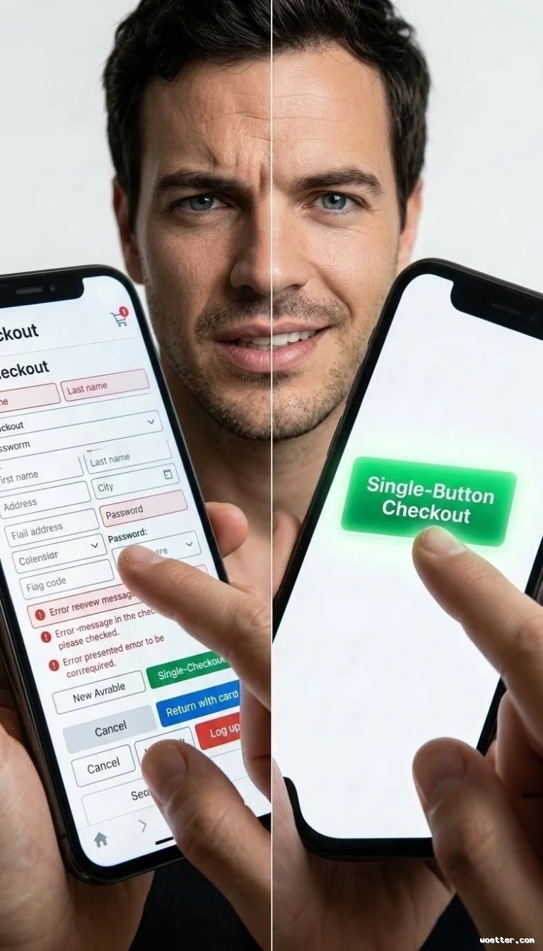 Vertically split image contrasting two smartphone user experiences, featuring a man displaying opposite reactions. On the left half, the man shows a frustrated and stressed expression as he looks at a phone screen displaying a complex, cluttered "Checkout" form filled with numerous input fields and red error messages. On the right half, the same man smiles with relief and satisfaction while interacting with a clean, minimalist white screen containing only a large, glowing green button in the center that reads "Single-Button Checkout". The background is plain and light, emphasizing the stark contrast between a confusing, high-friction payment process and a simplified solution.