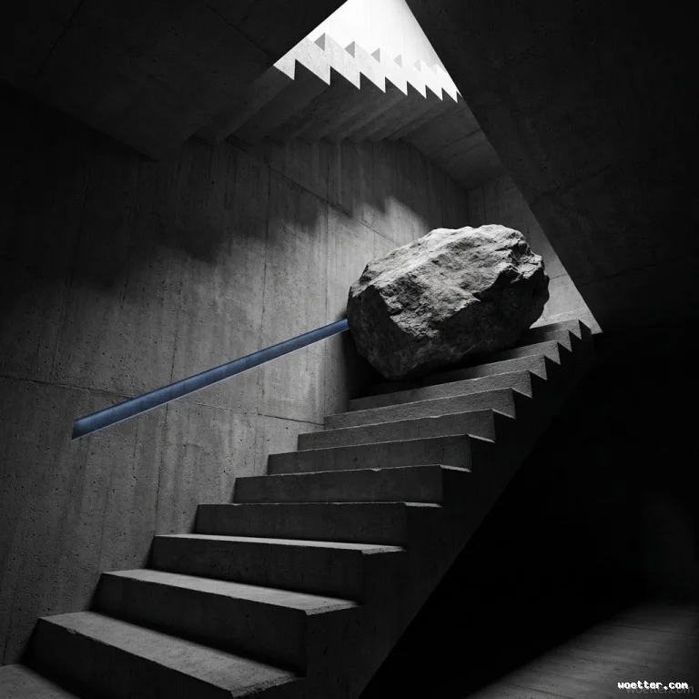 High-contrast, grayscale photography showing an indoor brutalist architecture environment. A large, rustic boulder is stuck in the middle of a concrete staircase, blocking the path toward a brightly lit opening at the top. A long, dark bar extends diagonally from the left wall and rests against the stone. The scene features dramatic lighting casting deep shadows on the concrete walls, creating a strong sense of obstacle and structural tension.