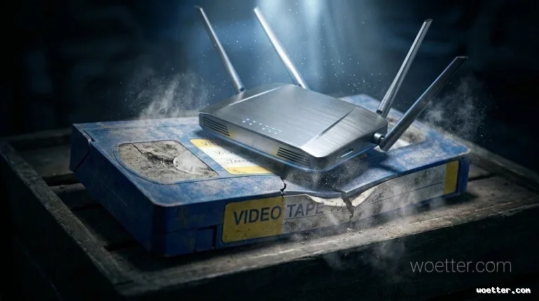 Roteador Wi-Fi prateado e moderno, com quatro antenas e luzes indicadoras azuis acesas, posicionado sobre uma fita de vídeo VHS azul, velha e quebrada. A fita possui uma etiqueta amarela gasta com a inscrição "VIDEO TAPE". O cenário apresenta iluminação dramática com um feixe de luz superior, destacando partículas de poeira e fumaça no ar, criando um forte contraste entre a tecnologia atual e a obsoleta sobre uma superfície rústica de madeira.