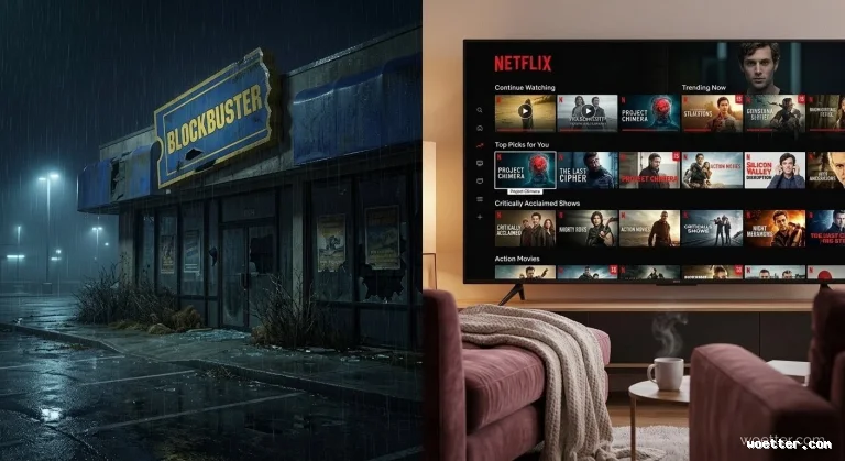 Imagem dividida em duas partes contrastando diferentes eras do entretenimento. A metade esquerda mostra o exterior sombrio de uma locadora Blockbuster abandonada à noite, sob chuva forte, com seu clássico letreiro azul e amarelo deteriorado, janelas escuras e mato crescendo no asfalto molhado. A metade direita exibe um ambiente interno aconchegante e bem iluminado, destacando uma TV moderna de tela plana que exibe a interface de navegação da Netflix, acompanhada por um sofá confortável com uma manta e uma xícara fumegante sobre uma mesa de centro.