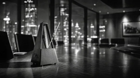 Black and white photograph of a classic pyramid-shaped mechanical metronome positioned on a long, reflective conference table. In the foreground, the metronome is in sharp focus with its pendulum angled to the right. The blurred background features large glass windows revealing the glowing lights of city skyscrapers at night, creating a bokeh effect. The setting is a dark corporate boardroom with silhouettes of chairs around the table.