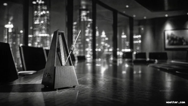 Black and white photograph of a classic pyramid-shaped mechanical metronome positioned on a long, reflective conference table. In the foreground, the metronome is in sharp focus with its pendulum angled to the right. The blurred background features large glass windows revealing the glowing lights of city skyscrapers at night, creating a bokeh effect. The setting is a dark corporate boardroom with silhouettes of chairs around the table.