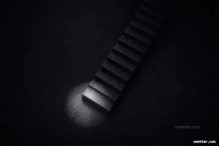 Dark and minimalist composition showing a straight concrete staircase descending from the top right corner toward the center. The surrounding environment is pitch black with a textured floor. A single circular spotlight intensely illuminates only the bottom step of the stairs and a small patch of the ground in front of it, while the upper steps gradually fade into deep shadows.