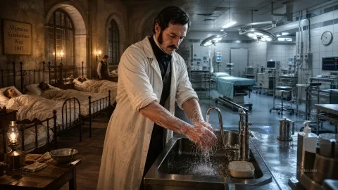 Conceptual photograph showing a time transition within the same room. In the foreground, a doctor with sideburns wearing 19th-century clothing under a white lab coat vigorously washes his hands with soap at a metal sink under running water. The background on the left depicts a dimly lit, old hospital ward illuminated by an oil lamp, featuring iron beds, resting patients, arched windows, and a wall sign reading 'Allgemeines Krankenhaus Wien 1847'. The background on the right seamlessly transitions into a brightly lit, cold, modern operating room equipped with overhead surgical lights, digital monitors, an operating table, and sterile stainless steel furniture.