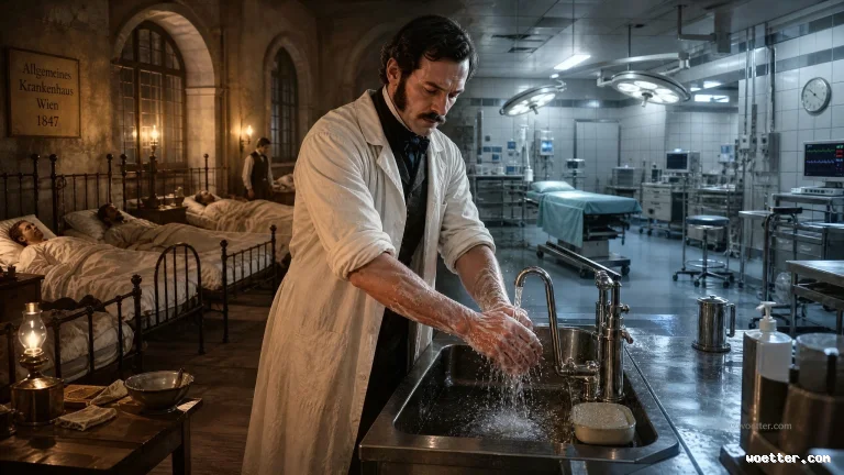Conceptual photograph showing a time transition within the same room. In the foreground, a doctor with sideburns wearing 19th-century clothing under a white lab coat vigorously washes his hands with soap at a metal sink under running water. The background on the left depicts a dimly lit, old hospital ward illuminated by an oil lamp, featuring iron beds, resting patients, arched windows, and a wall sign reading 'Allgemeines Krankenhaus Wien 1847'. The background on the right seamlessly transitions into a brightly lit, cold, modern operating room equipped with overhead surgical lights, digital monitors, an operating table, and sterile stainless steel furniture.