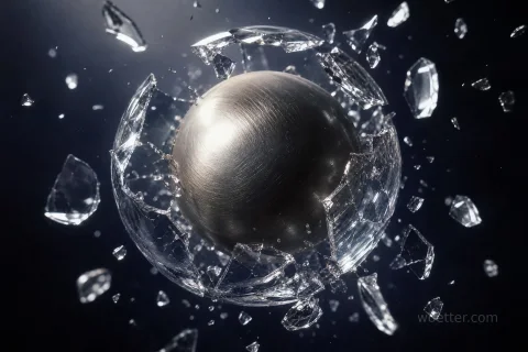 A central brushed metal sphere violently breaking through a clear glass shell. The shattered glass shards fly outward in all directions against a deep dark background. Dramatic lighting comes from the top left, highlighting the rugged texture of the metal and the bright reflections of the glass fragments suspended in the air.