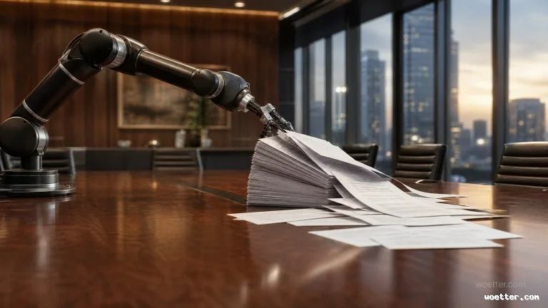 Um braço robótico industrial articulado de cor preta está estendido sobre uma mesa de conferência de madeira escura e polida. Sua garra terminal está prestes a fazer contato com uma grande e desorganizada pilha de papéis brancos que derramam sobre a mesa. O fundo da sala de reuniões executiva é luxuoso, com painéis de madeira nas paredes, cadeiras de escritório vazias e grandes janelas do chão ao teto que mostram uma vista da linha do horizonte da cidade ao anoitecer, com as luzes dos edifícios começando a acender. O topo da mesa reflete a luz interior e a vista exterior.