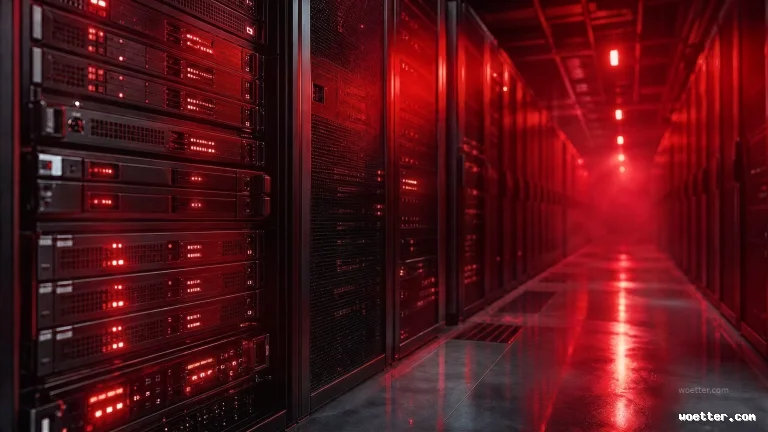 A dark data center aisle illuminated predominantly by intense red lights, creating a dramatic and high-alert atmosphere. On both sides, tall rows of black server racks display multiple small, glowing red LEDs on their front panels. The smooth, polished floor reflects the strong red lighting from the ceiling and equipment, and a slight haze is visible at the far end of the corridor.