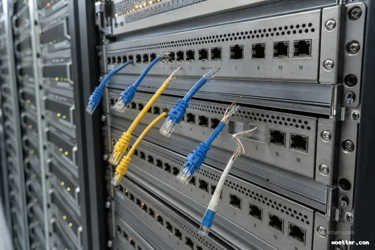 Close-up view of a metal network switch panel in a server rack. Several Ethernet cables in blue, yellow, and white are plugged into the ports but have been abruptly severed a few inches from the connectors. The broken ends hang down, revealing the exposed and frayed inner copper wires. In the blurred background, other data center equipment with small yellow indicator lights can be seen.