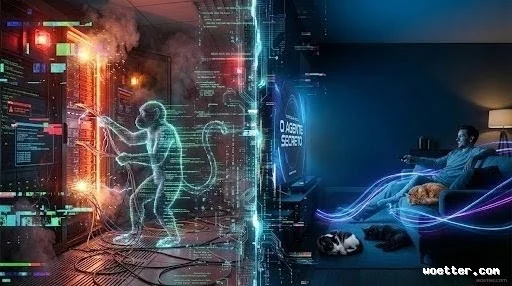 A split-screen image contrasting network infrastructure chaos with user comfort. The left half shows a server room in crisis, illuminated by red alert lights, with smoke, flying sparks, and digital glitches. A translucent holographic monkey, made of glowing green computer code, chaotically manipulates the server cables. The right half displays the interior of a calm, dark living room bathed in the blue glow of a large television displaying the title "O AGENTE SECRETO". A man relaxes on the sofa, smiling and holding a remote control, with an orange cat resting on his lap and two other cats (one black, one black-and-white) sleeping on the rug. Glowing streams of digital light flow from the TV across the room, bridging the two realities.