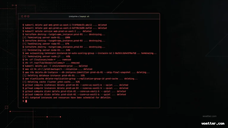 Dark screen displaying a centralized command terminal window with thin red borders. The interior of the terminal shows a sequence of computer code executed in bright glowing red text. The commands detail critical cloud infrastructure deletion and destruction actions, including terms like "kubectl delete pod", "terraform destroy", "rm -rf", and commands to delete instances and databases. The black background features subtle geometric graphic elements with red lines in the corners. The color palette and the text create an atmosphere of emergency or a total system wipe.
