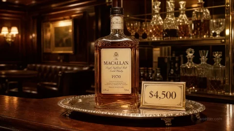 A bottle of 1970 vintage The Macallan Single Highland Malt Scotch Whisky rests on an ornate silver tray on a polished dark wood bar counter. Next to the bottle, a small, classically framed sign displays a price of $4,500. The blurred background reveals a luxurious, classic lounge setting with warm amber lighting, wood paneling, dark leather seating, and an illuminated shelf holding various crystal decanters.