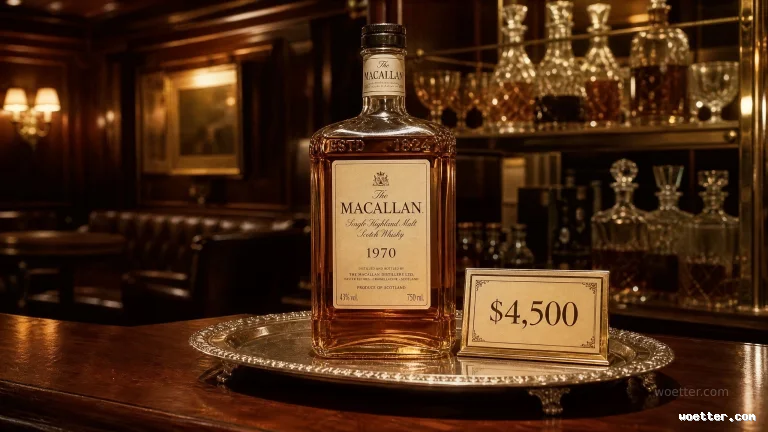 A bottle of 1970 vintage The Macallan Single Highland Malt Scotch Whisky rests on an ornate silver tray on a polished dark wood bar counter. Next to the bottle, a small, classically framed sign displays a price of ,500. The blurred background reveals a luxurious, classic lounge setting with warm amber lighting, wood paneling, dark leather seating, and an illuminated shelf holding various crystal decanters.