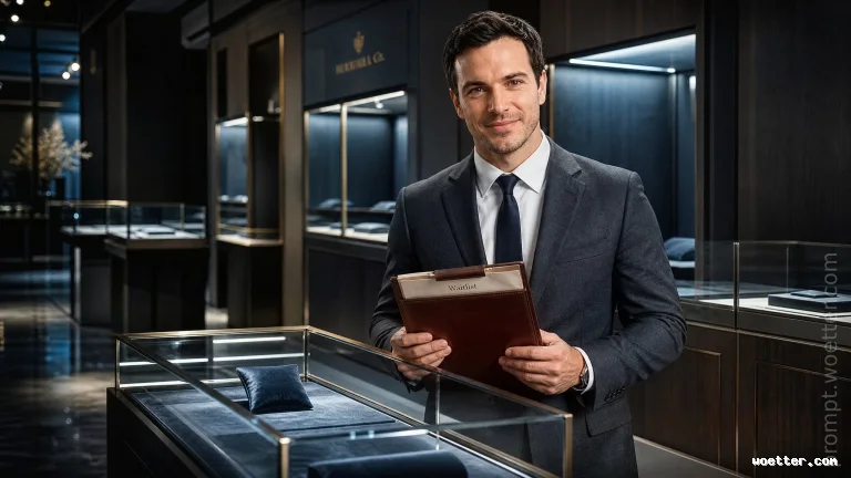 A professional Caucasian man wearing a dark grey suit and a black tie smiles at the camera while holding a brown leather clipboard. A document on the clipboard clearly shows the word "Waitlist". He stands in a luxurious high-end jewelry or watch boutique, with illuminated glass showcases and brass-framed shelves in the blurred background.