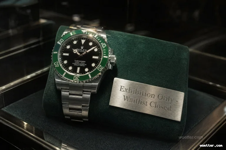 A silver stainless steel luxury Rolex Submariner watch with a black dial and green bezel, displayed on a dark green velvet cushion inside a glass case. To the right of the watch, a small brushed silver metal plaque displays the engraved text "Exhibition Only - Waitlist Closed". Focused lighting highlights the watch and plaque against a dark, reflective background, creating a high-end boutique atmosphere.