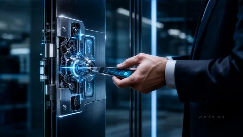 Um homem vestindo terno escuro e camisa branca utiliza um dispositivo digital para destrancar uma fechadura de alta tecnologia em uma porta de metal. O dispositivo emite um feixe de luz azul direcionado ao centro do mecanismo, que possui engrenagens metálicas expostas e painéis futuristas iluminados por linhas azuis brilhantes. O fundo da imagem é desfocado, revelando um ambiente moderno com tons frios e iluminação corporativa.