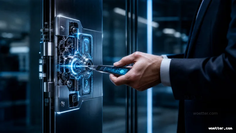 Um homem vestindo terno escuro e camisa branca utiliza um dispositivo digital para destrancar uma fechadura de alta tecnologia em uma porta de metal. O dispositivo emite um feixe de luz azul direcionado ao centro do mecanismo, que possui engrenagens metálicas expostas e painéis futuristas iluminados por linhas azuis brilhantes. O fundo da imagem é desfocado, revelando um ambiente moderno com tons frios e iluminação corporativa.
