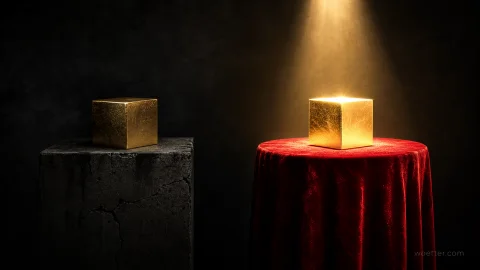 Two golden cubes displayed in contrasting settings against a dark, textured background. On the left, in dim lighting, a gold cube rests on a dark, cracked stone pedestal. On the right, the second golden cube sits on a round table draped in rich red velvet fabric, dramatically illuminated by a warm spotlight shining directly down from above.