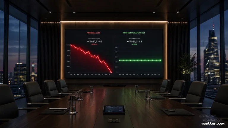 A modern, dark corporate boardroom featuring a long wooden conference table surrounded by empty black leather chairs. On the center wall, a large screen displays two contrasting financial charts: on the left, a sharply declining red line graph under the title "FINANCIAL LOSS"; on the right, a stable, horizontal green line graph under the title "PROTECTIVE SAFETY NET". Large side windows reveal an illuminated city skyline at dusk.