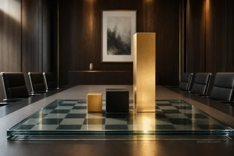 Fotografia de nível de vista de um tabuleiro de xadrez de vidro transparente sobre uma mesa de conferências escura em uma sala de reuniões luxuosa. No centro do tabuleiro estão três esculturas geométricas metálicas minimalistas em vez de peças de xadrez tradicionais: um pequeno cubo dourado escovado, um cubo preto fosco de tamanho médio e uma torre retangular dourada alta. O fundo mostra cadeiras de couro pretas, painéis de parede de madeira e uma obra de arte abstrata emoldurada, com iluminação quente e suave.