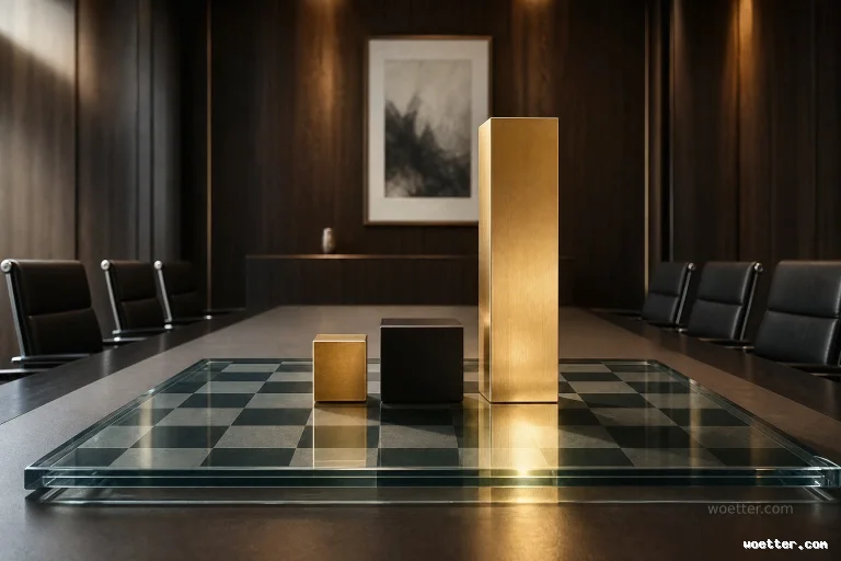 Eye-level photograph of a transparent glass chessboard resting on a dark conference table in a luxurious meeting room. At the center of the board are three minimalist, metallic geometric sculptures replacing traditional chess pieces: a small brushed gold cube, a medium matte black cube, and a tall brushed gold rectangular tower. The background features black leather chairs, dark wood wall paneling, and a framed abstract artwork, with warm, soft lighting.