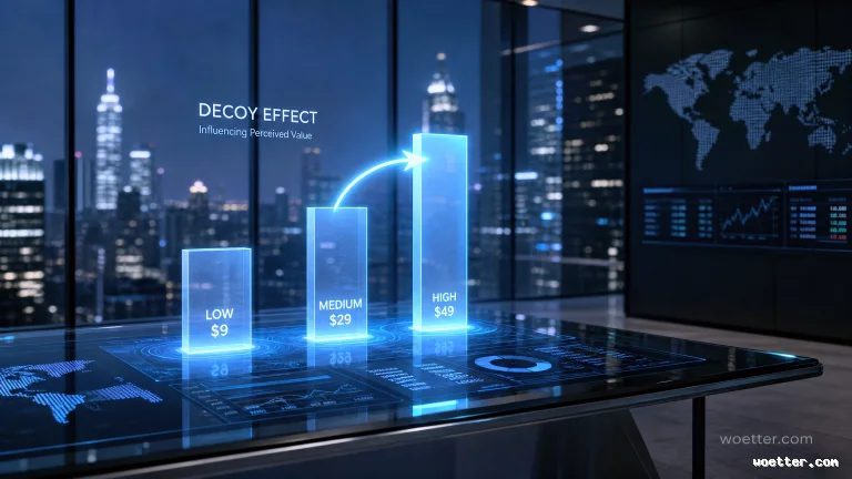 Glowing blue holographic bar chart projected onto a black glass table in a modern office at night. The chart illustrates the "DECOY EFFECT" with the subtitle "Influencing Perceived Value". There are three translucent rectangular bars of increasing height: the shortest labeled "LOW ", the middle "MEDIUM ", and the tallest "HIGH ". A luminous curved arrow points from the top of the medium bar to the top of the high bar. The table's surface displays additional data dashboards and a world map. In the background, large glass windows reveal an illuminated city skyline, and a dark wall screen on the right displays data and another world map.