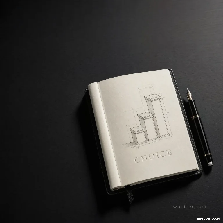 Top-down photograph of an open black-bound notebook resting on a dark, textured surface. The off-white page displays an architectural pencil sketch of three rectangular pillars of ascending height, resembling a 3D bar chart, complete with fine measurement guidelines. Beneath the drawing, the word "CHOICE" is elegantly printed in capital letters. A premium black fountain pen with metallic silver accents rests to the right of the notebook. The composition is minimalist and professional, featuring high contrast and soft directional lighting that casts subtle shadows.