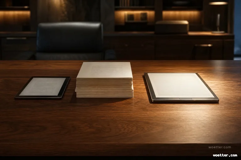 Eye-level photograph of a polished dark wooden desk with three items aligned horizontally. On the left is a small black e-reader device displaying text. In the center rests a thick stack of printed paper documents. On the right lies a larger, thin silver digital tablet or e-reader, also displaying text. The setting is a luxurious office with warm, focused lighting illuminating the objects on the desk, creating soft shadows. The blurred background reveals a black leather office chair and wooden cabinetry with recessed shelf lighting, conveying a sophisticated and professional atmosphere.