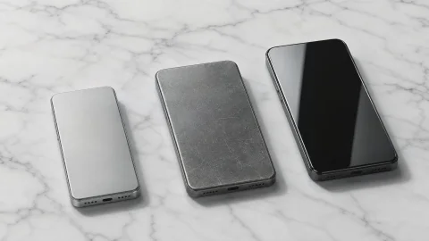 Top-down photograph of three rectangular mobile devices resting on a white marble surface with grey veining. The devices are arranged diagonally, increasing in size from left to right. The smallest device on the left has a clean, brushed silver metal finish. The middle device is dark grey and features a heavily scratched and worn texture. The largest device on the right displays a pristine, glossy black surface that reflects light. All three show charging ports and speaker grilles on their bottom edges. Soft lighting highlights the contrasting materials and casts clear shadows beneath each device.